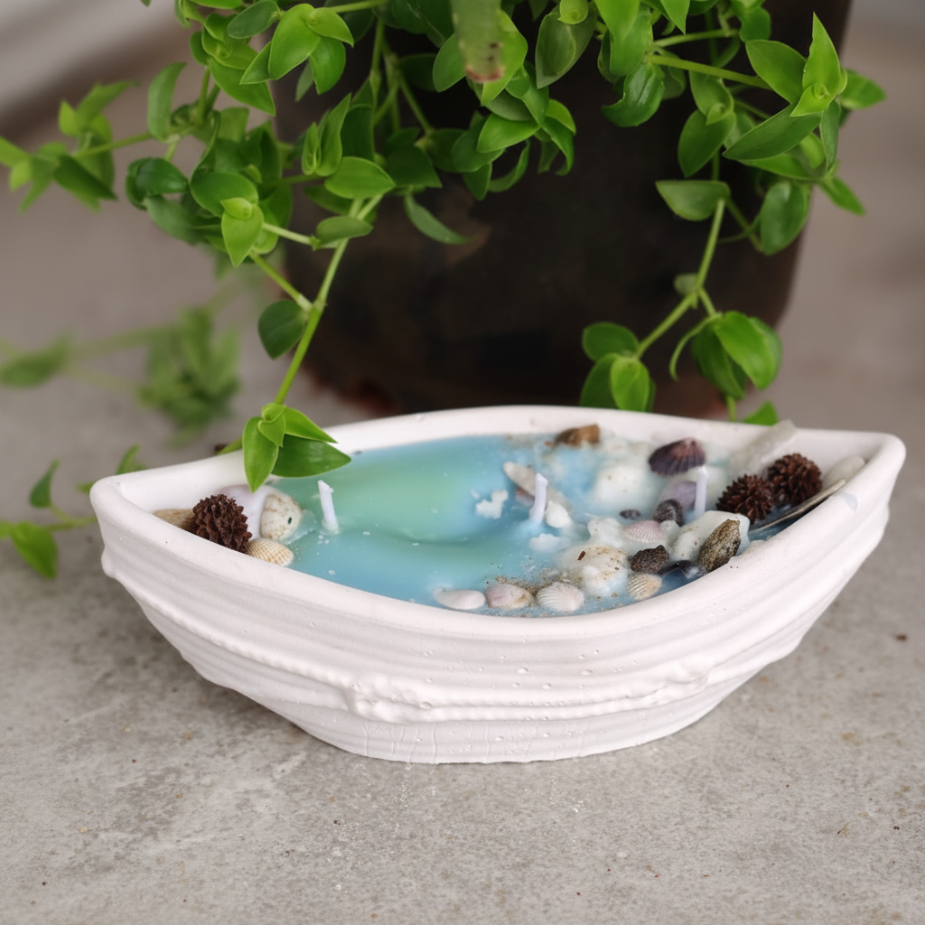 Boat concrete candle with ocean blue wax and shells - enhanced product photo